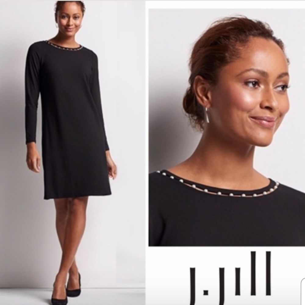 J Jill Wearever Collection Black Long Sleeve Dress Pearl Neckline Small - Picture 1 of 7